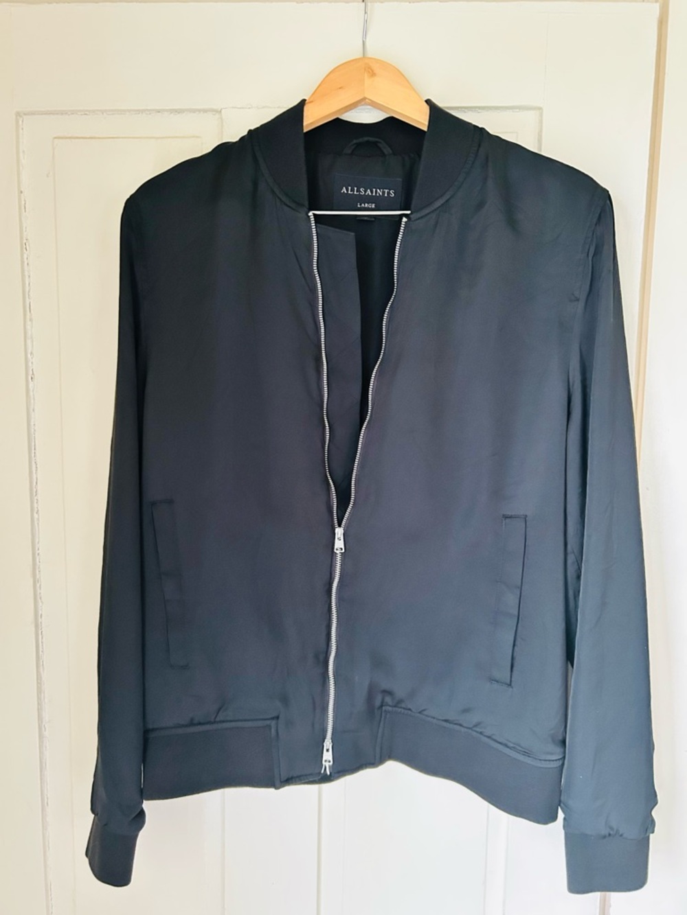 AllSaints Black bomber style Jacket with Silver Zipper Accents.